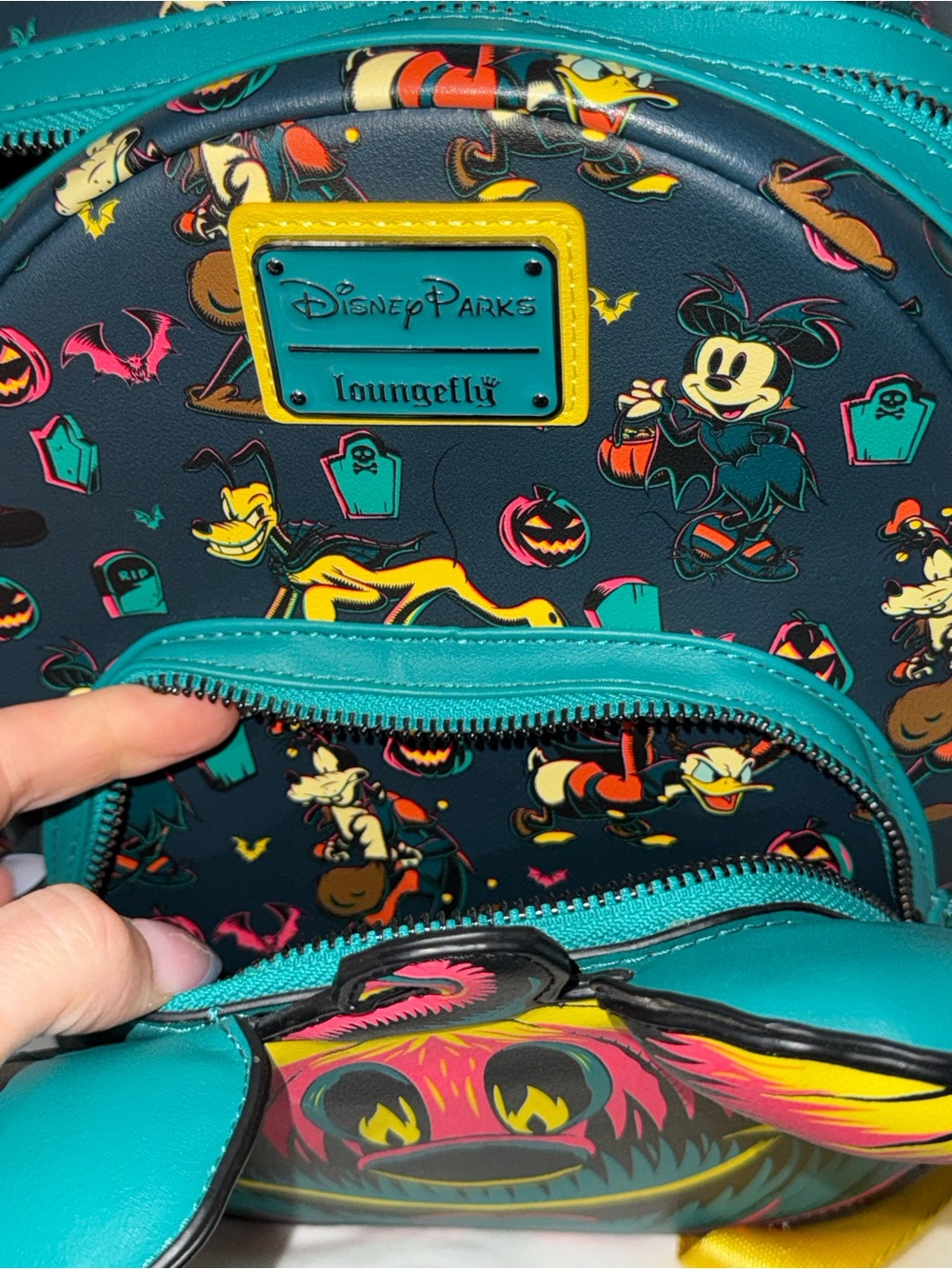 Loungefly Neon Pumpkin Mickey Backpack in Pink, Teal & Yellow - Picture 2 of 5